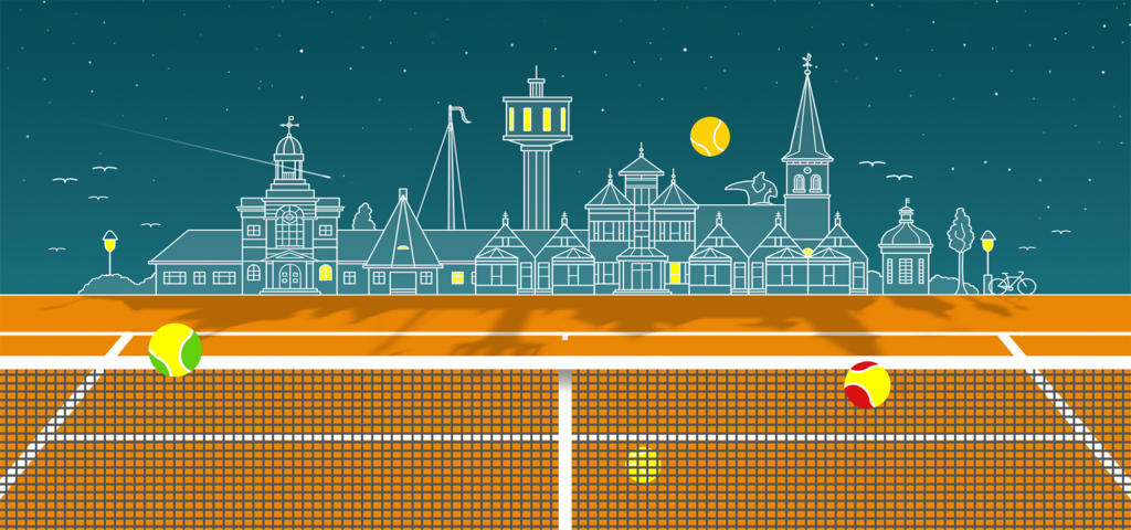 Ontwerp van een tennismuur van 6 bij 5,6 meter.