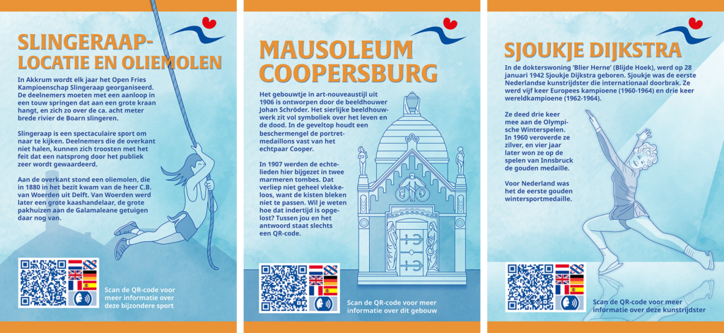 Informatiesborden voor een dorpswandeling in Akkrum. 